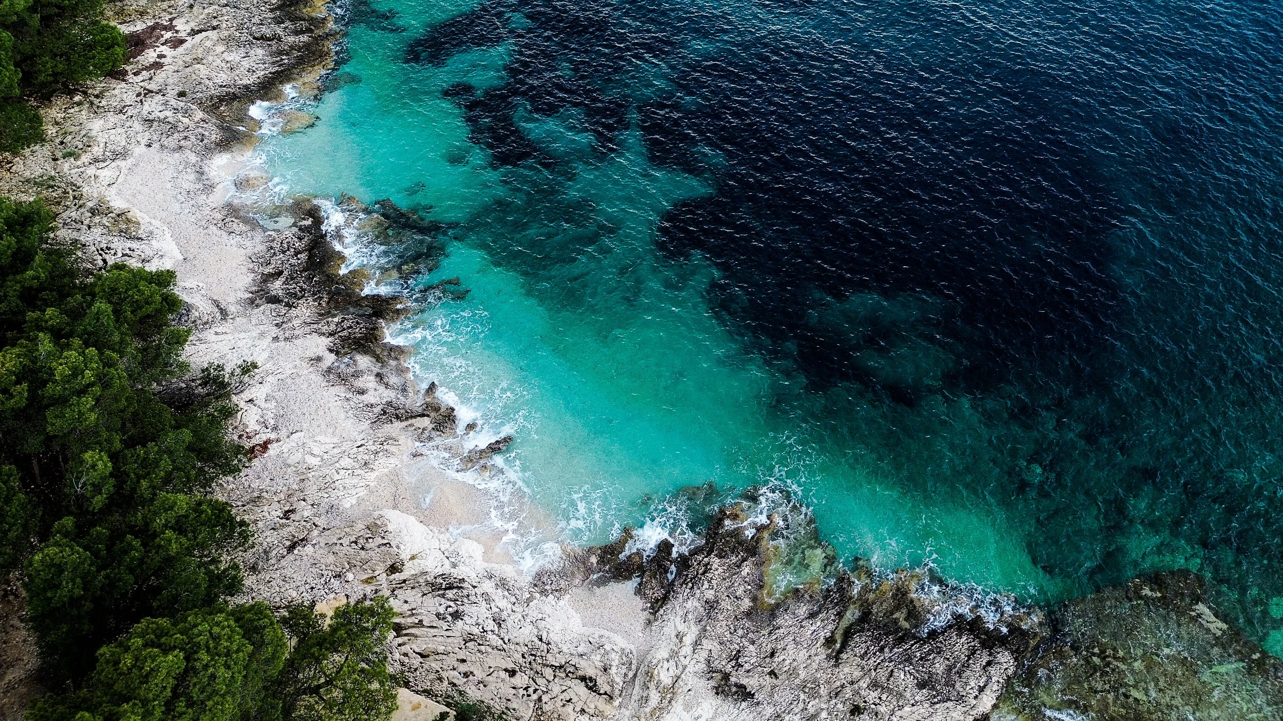 Luftaufnahme von einer Küste mit grünem Bewuchs, Felsen und blauer, klarer Meereswasser