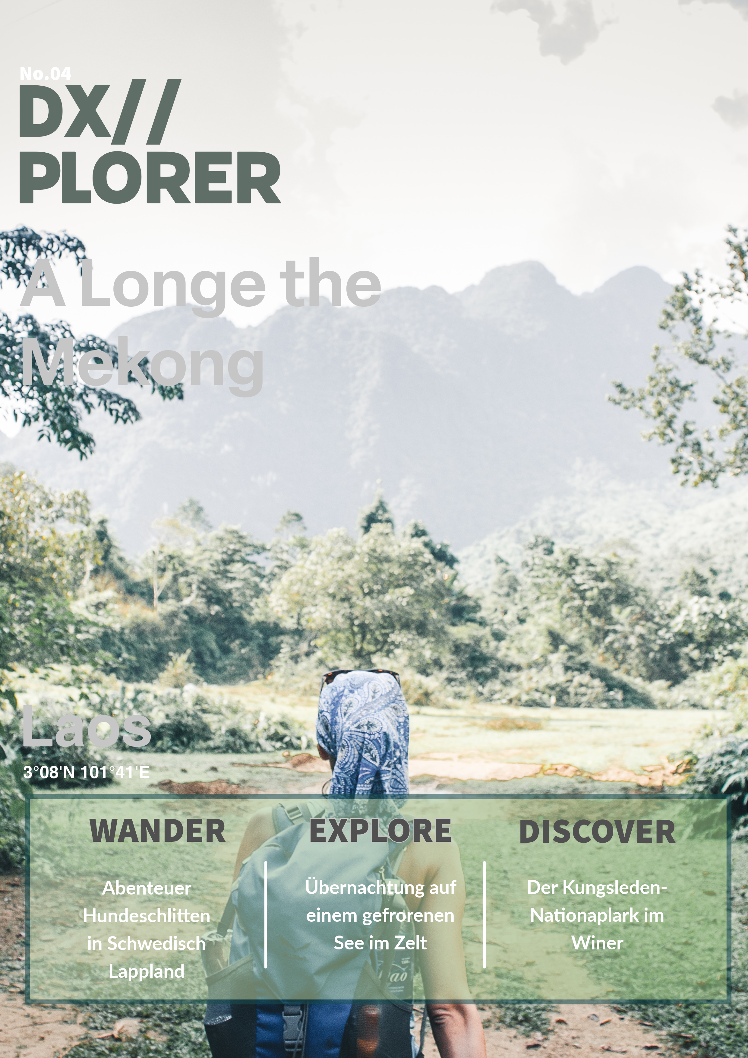 Ein Reiseführer für Laos, mit einem Foto von einem Rucksackträger in der Natur und Berglandschaft im Hintergrund. Text betont Wandern, Erkunden und Entdecken, inklusive Aktivitäten wie Hundeschlitten in schwedisch Lappland, Übernachtung auf einer gef