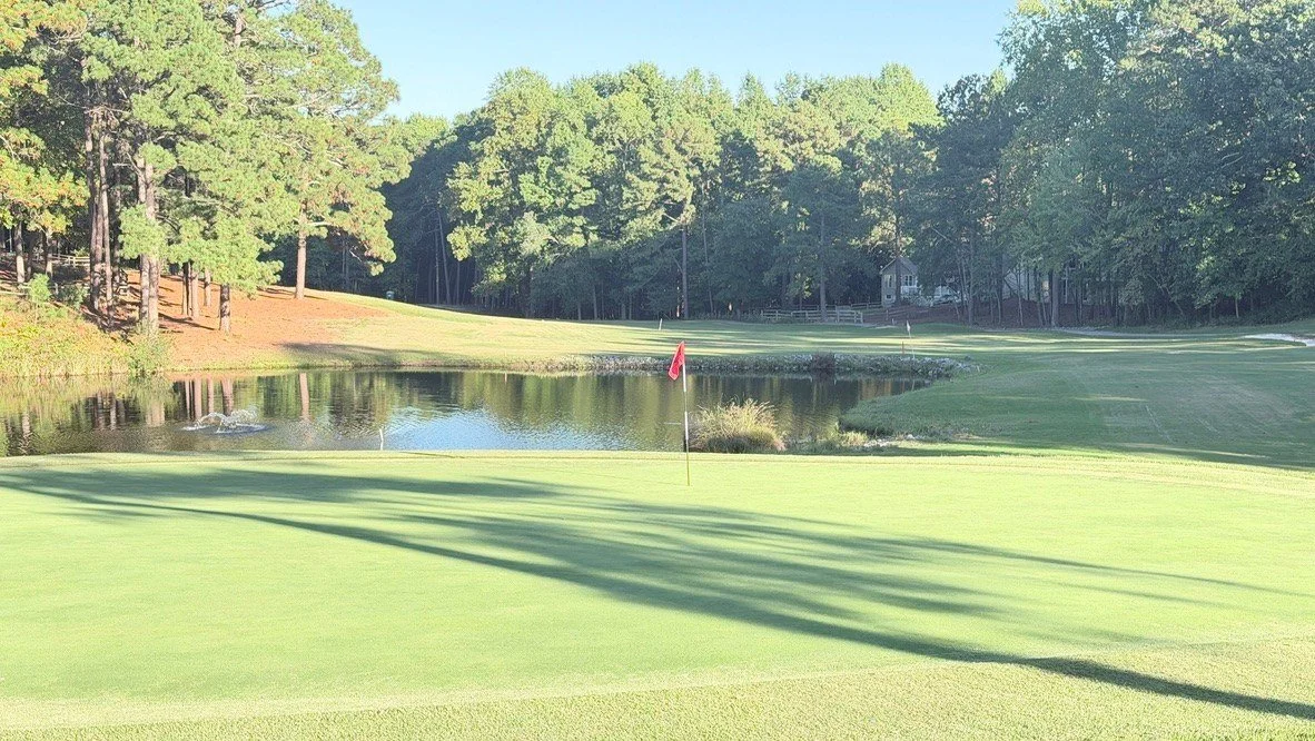 Hole 4 green with a red flag and the pond behind it