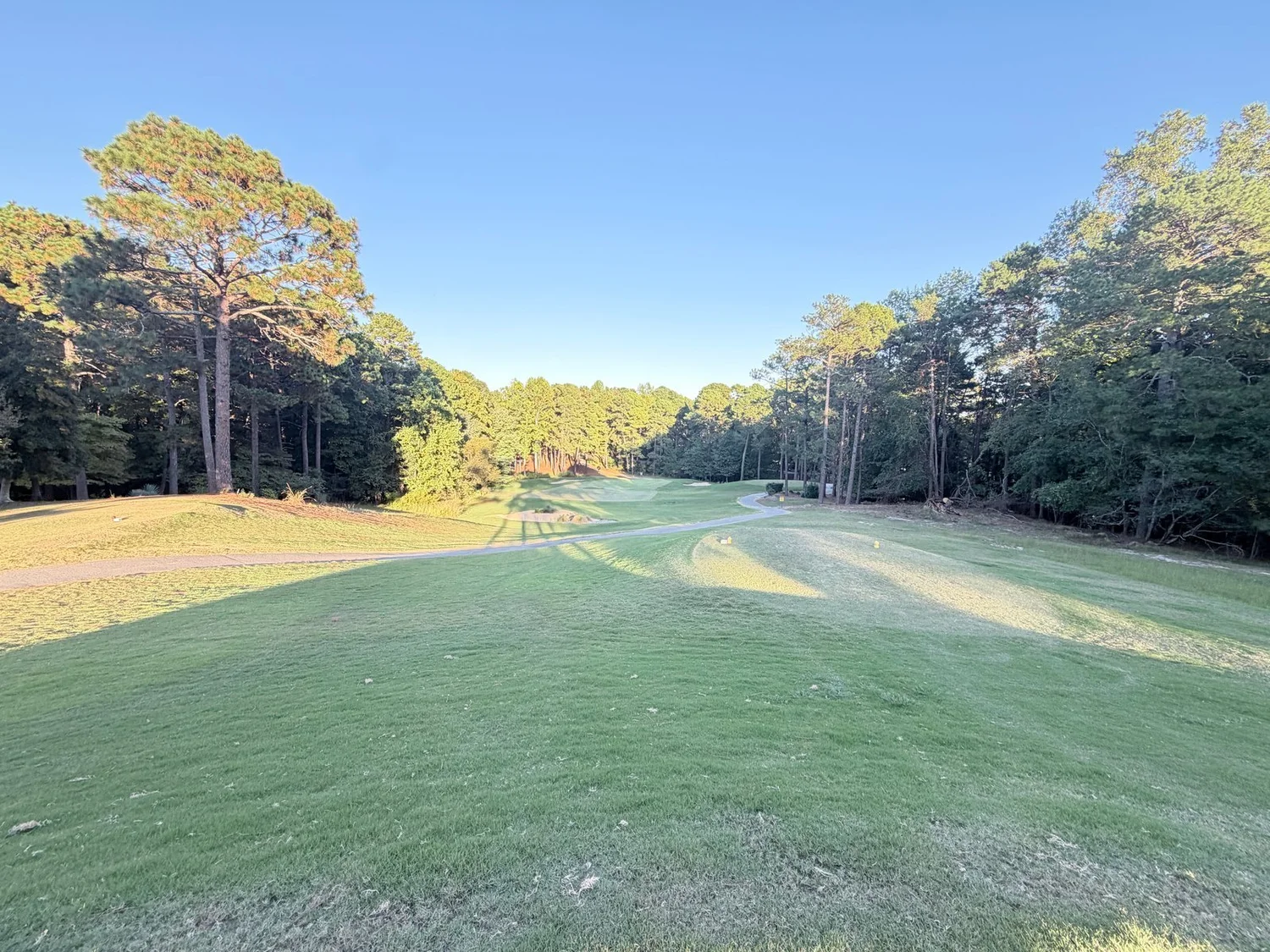 Hole 7 from the tee down into the valley to the green