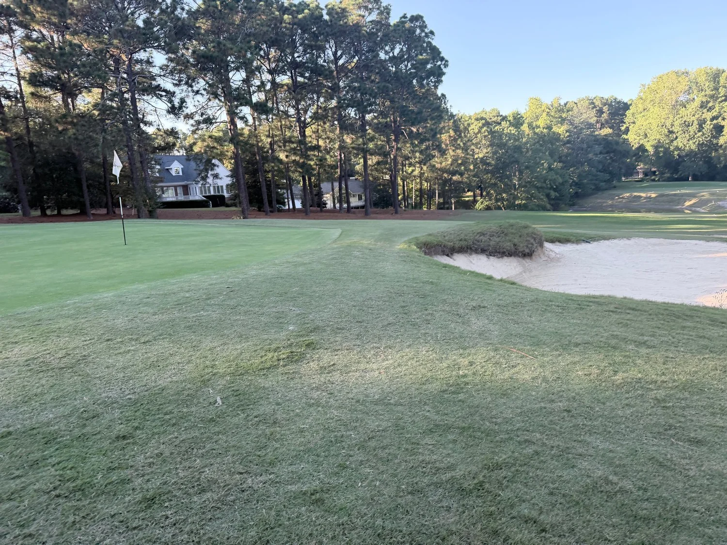 Hole 5 green with a white flag and the front bunker
