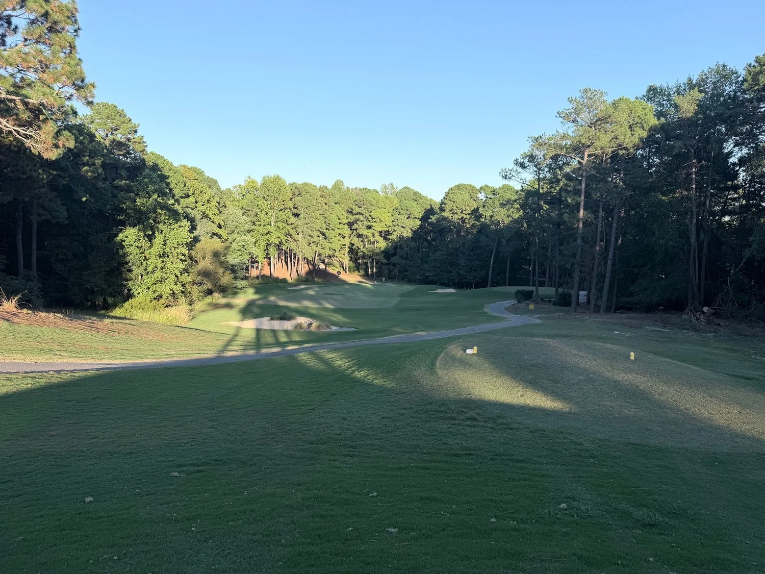Wider view from the hole 7 tee with the cart path curving to the green
