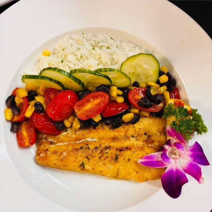 Mahi Plate with rice, cucumber and corn salsa