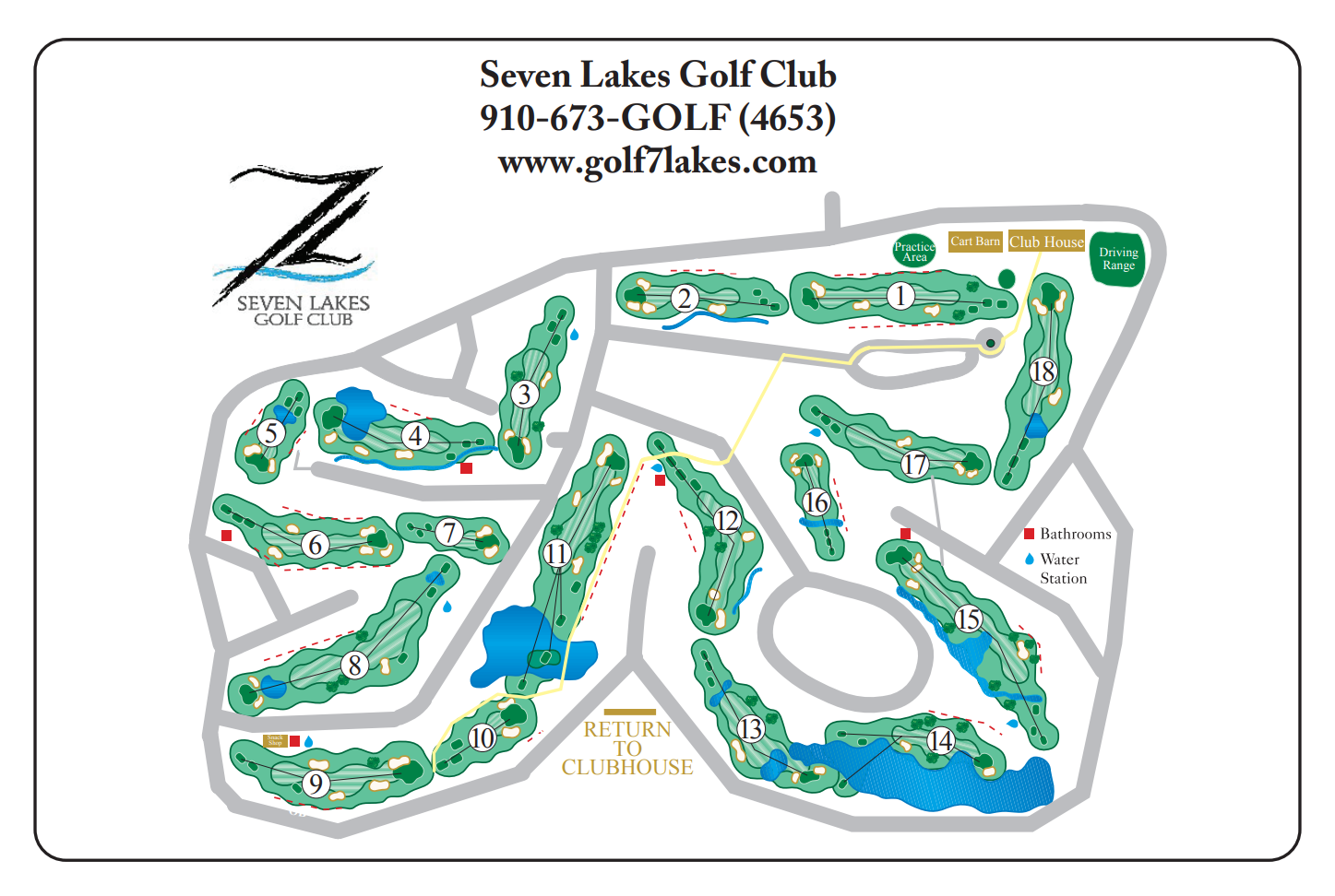Seven Lakes Golf Club course map showing the routing of all 18 holes