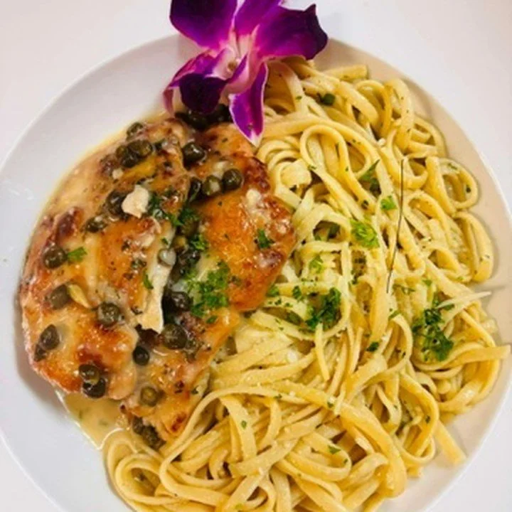Chicken Piccata over linguine