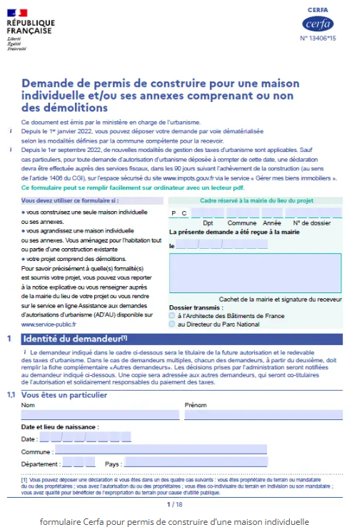 Formulaire de demande de permis de construire pour une maison individuelle en français, comprenant sections pour l'identité du demandeur, détails du projet, et signatures.