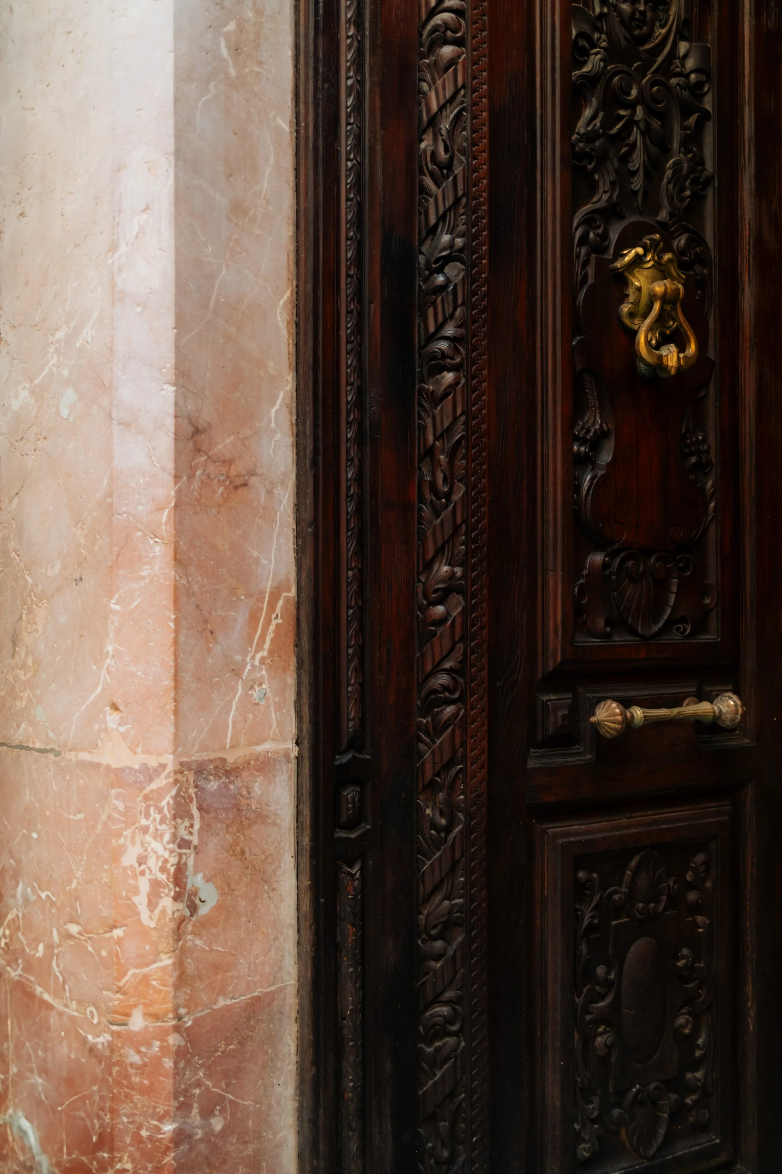 Close-up of ornately carved dark wooden door with brass handle and lion head-shaped knocker, next to a marble wall.