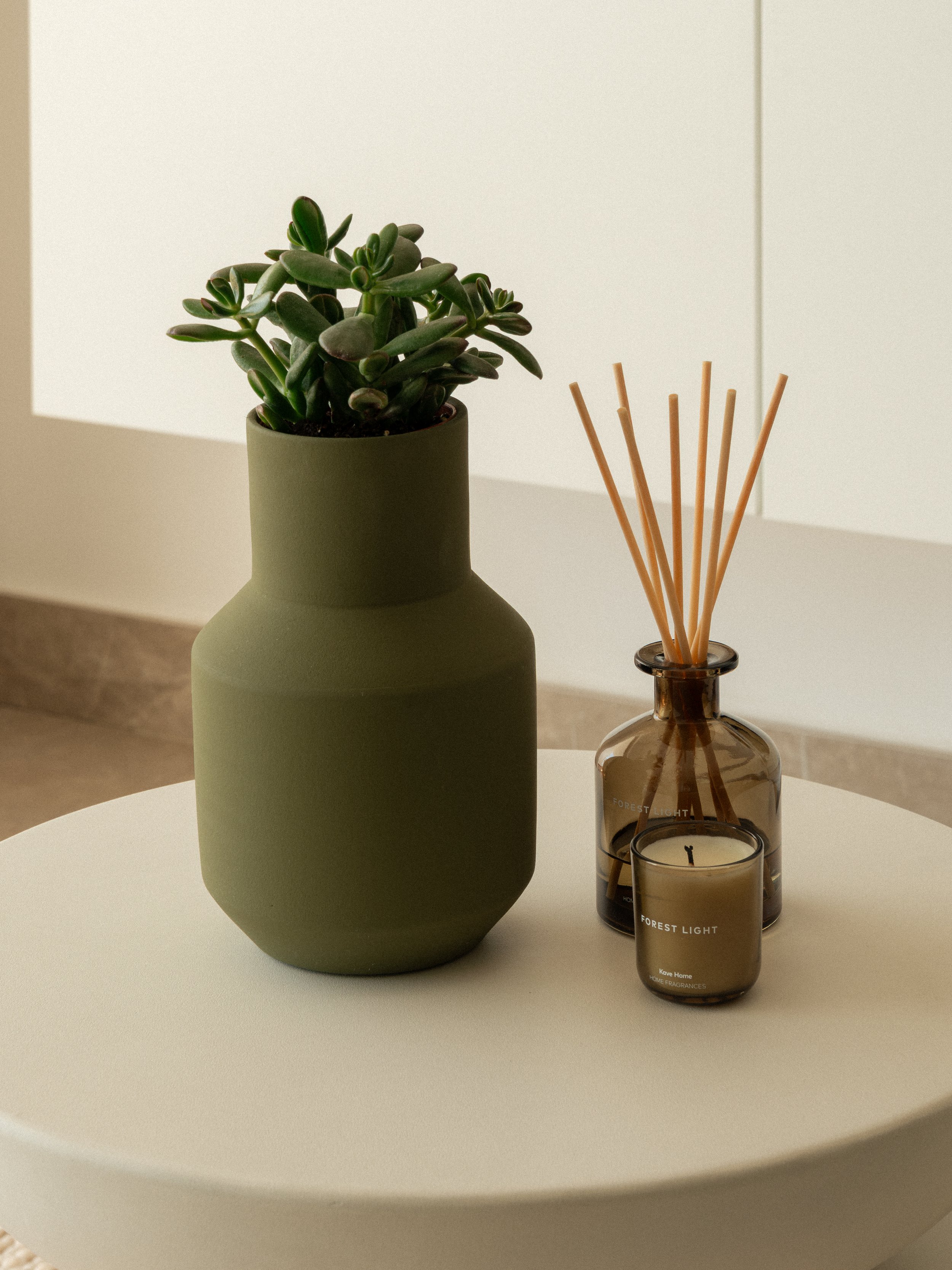 A green vase containing a succulent plant, a brown glass diffuser with wooden sticks, and two scented candles on a white round table.