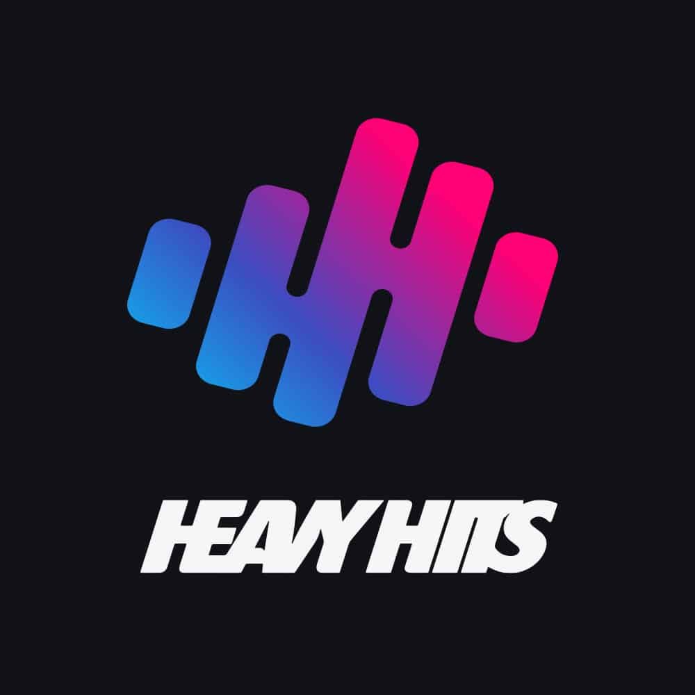 A logo with a colorful, stylized 'H' shape in blue, purple, and pink hues on a black background, with the word 'HEAVYHITS' written in white capital letters below it.