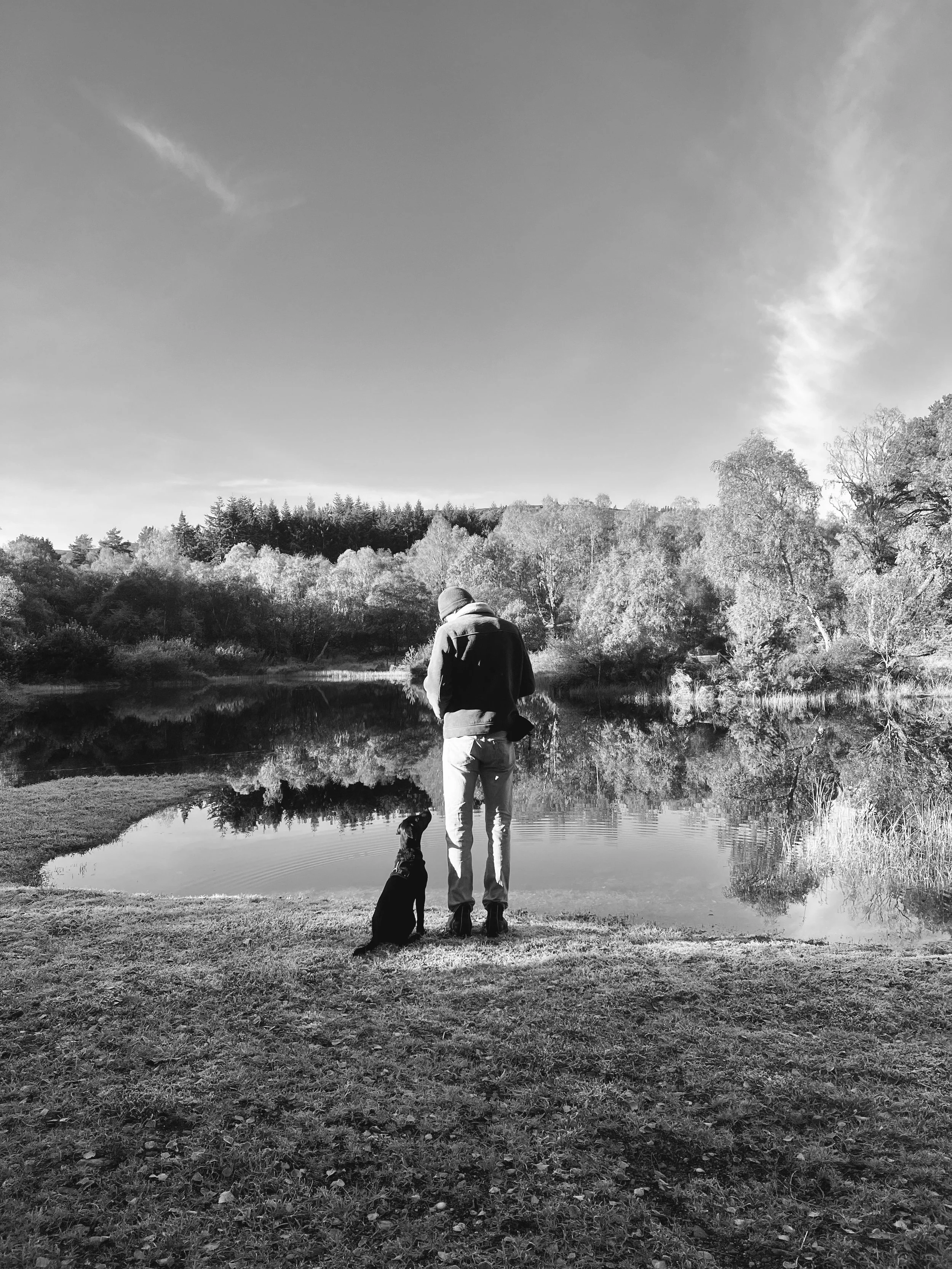 A person and a dog stand by a lake in a wooded area on a clear day, with reflections of trees on the water.