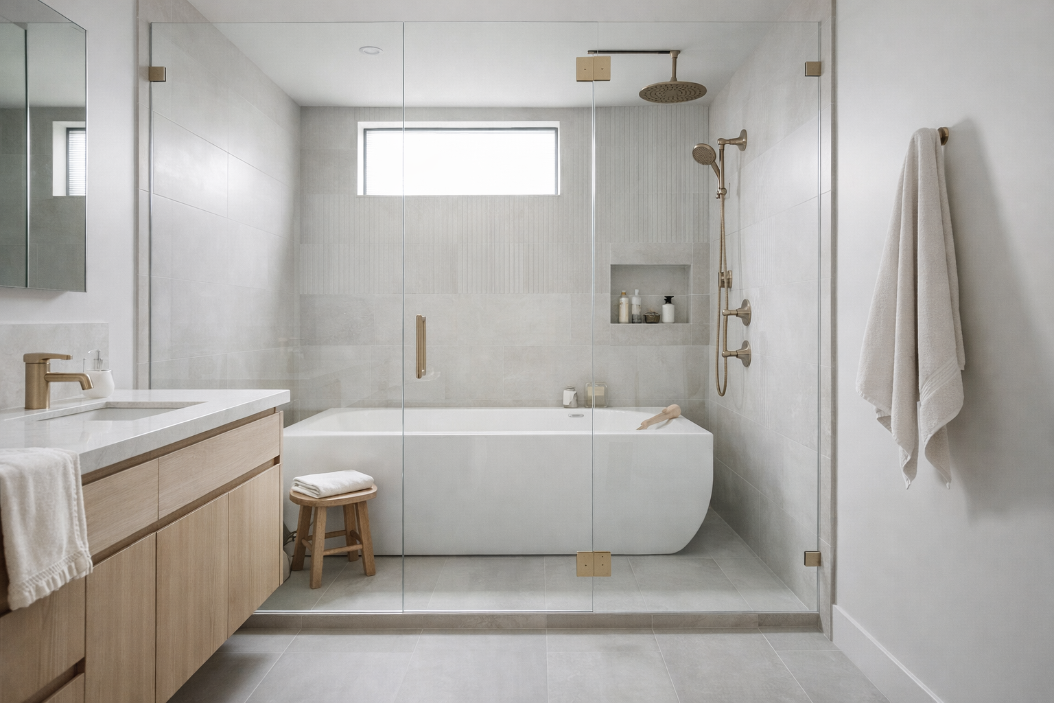 Modern bathroom with a bathtub, walk-in shower, wooden vanity with a sink, a stool with towels, and a towel hanging on the wall, all in neutral tones with a small window.