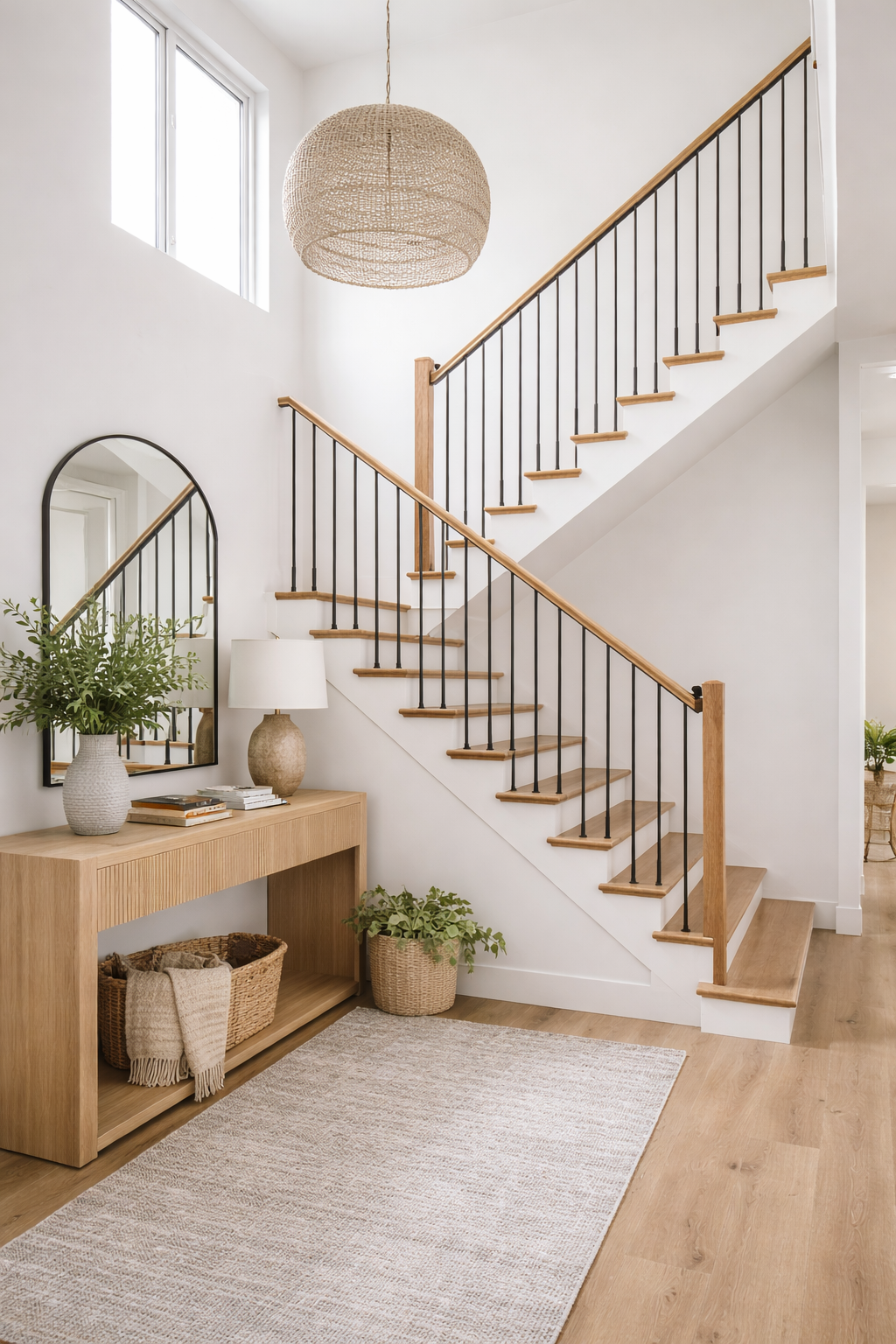 Interior view of a modern staircase with wooden steps and black metal railings, a large woven pendant light, a wooden console table with a table lamp, a mirror, and decorative plants, in a bright, minimalist home.