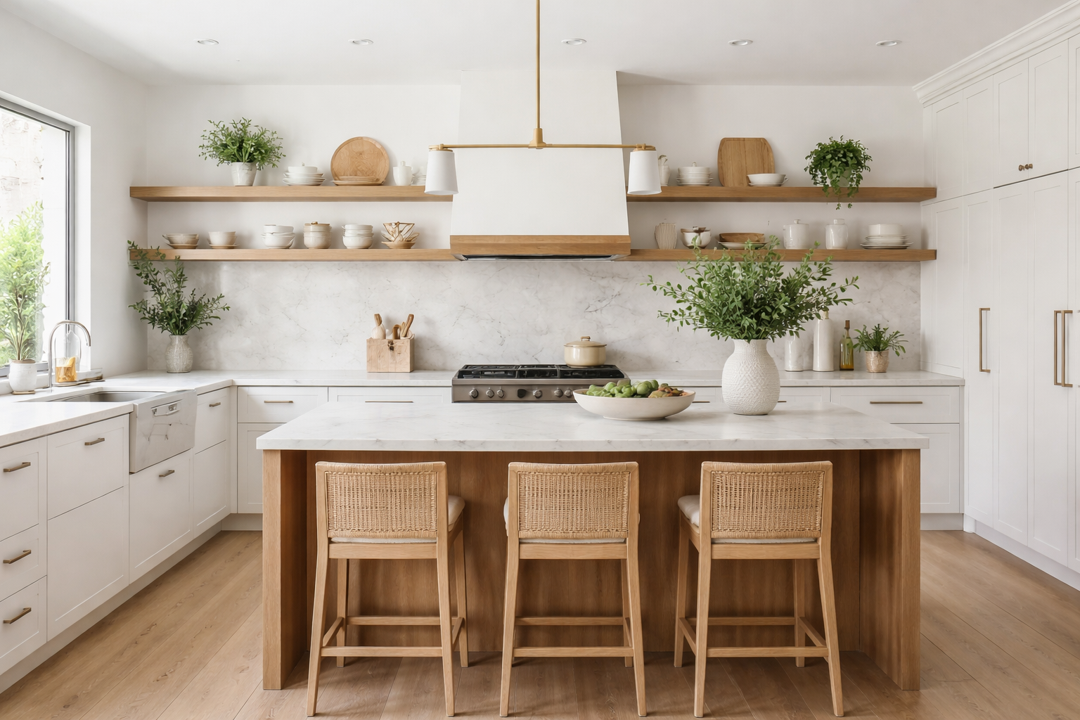 Bright, modern kitchen with white cabinets, marble countertops, open wooden shelves with dishes and decor, centered island with potted greenery, three wooden bar stools, large window, light wood flooring.