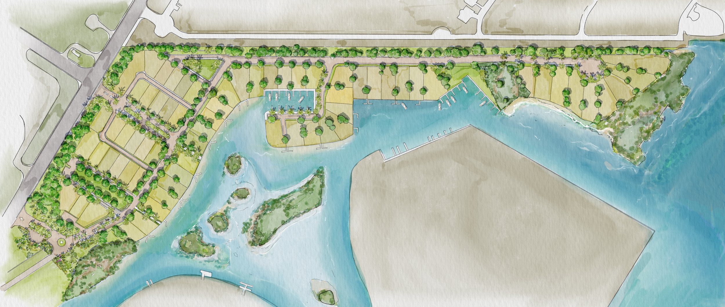 A detailed watercolor map of a lakeside park and residential area with pathways, trees, docks, and small islands.