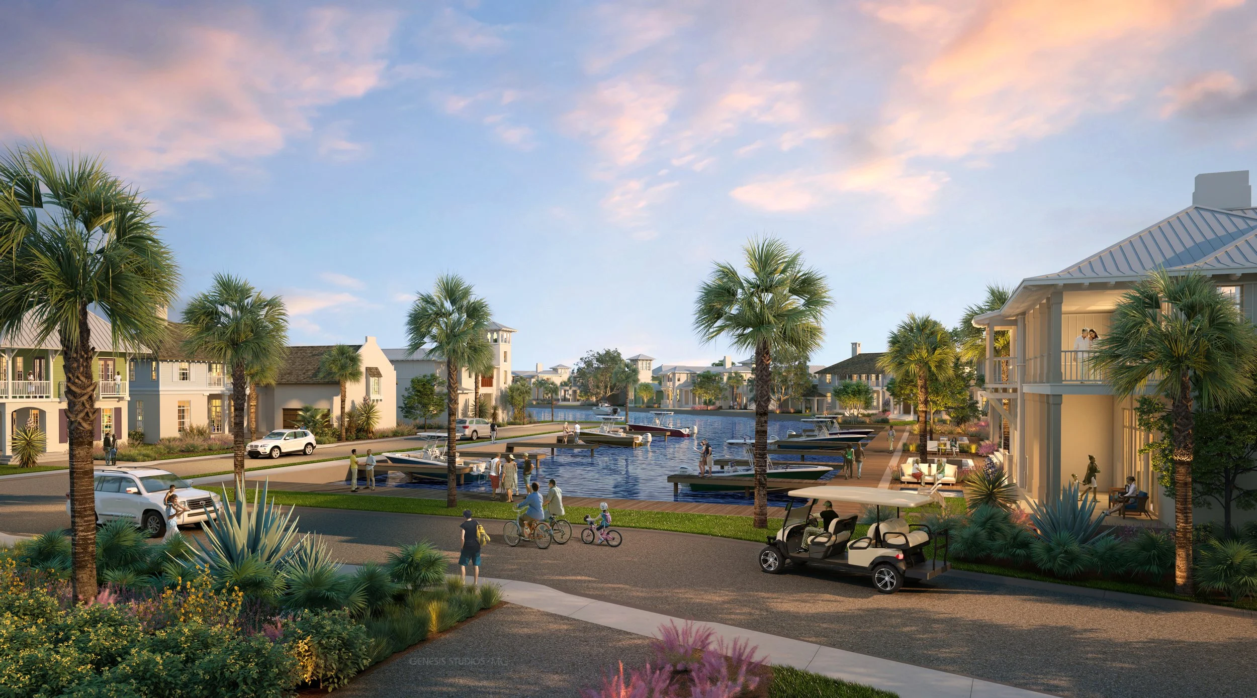 A waterway with boats, surrounded by modern residential buildings with balconies, lush trees, and walking paths, during sunset.