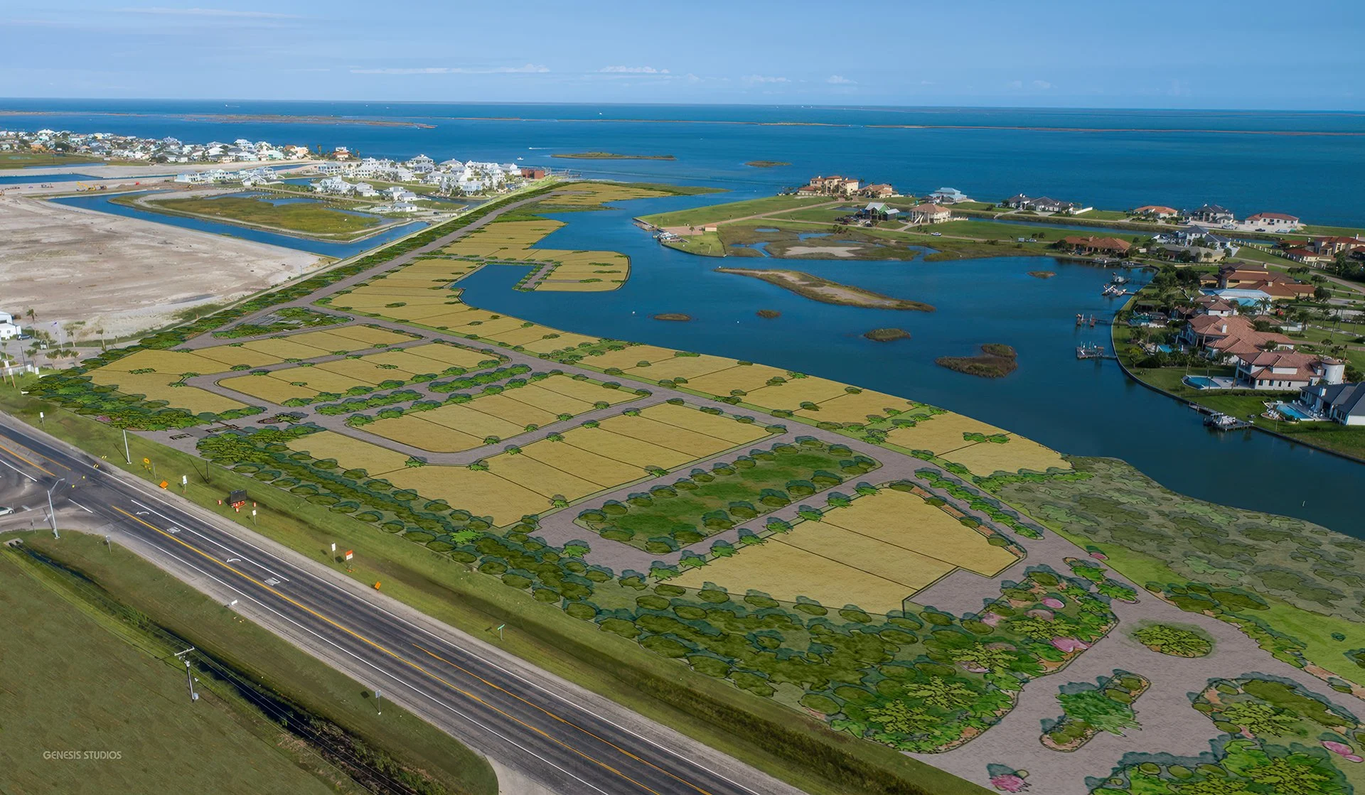 Aerial view of a construction or development site with partially completed infrastructure, green areas, water bodies, and nearby houses near a coastline.