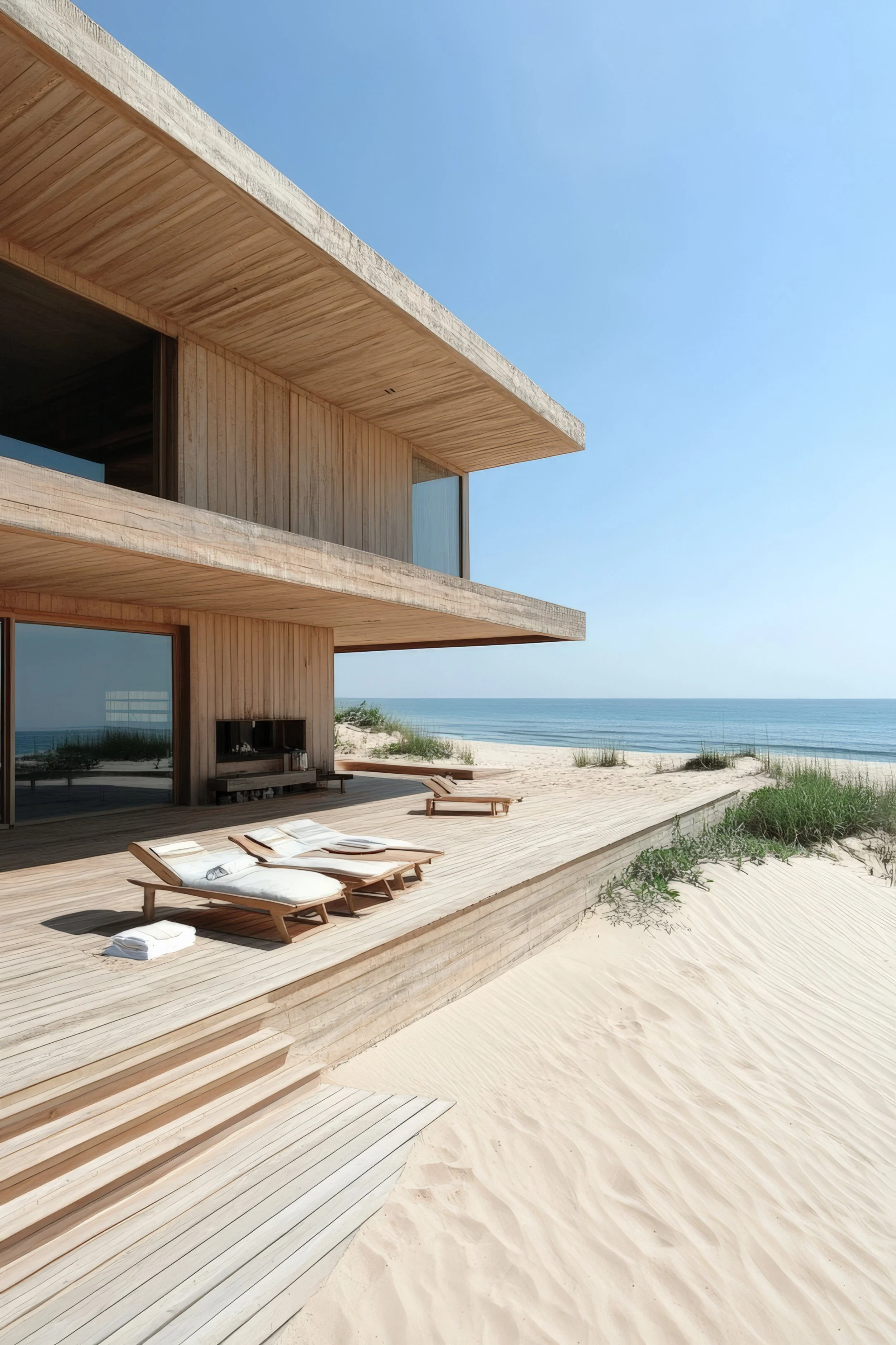 A modern beach house with wooden exterior, large glass windows, and a spacious deck with lounge chairs overlooking a sandy beach and ocean.