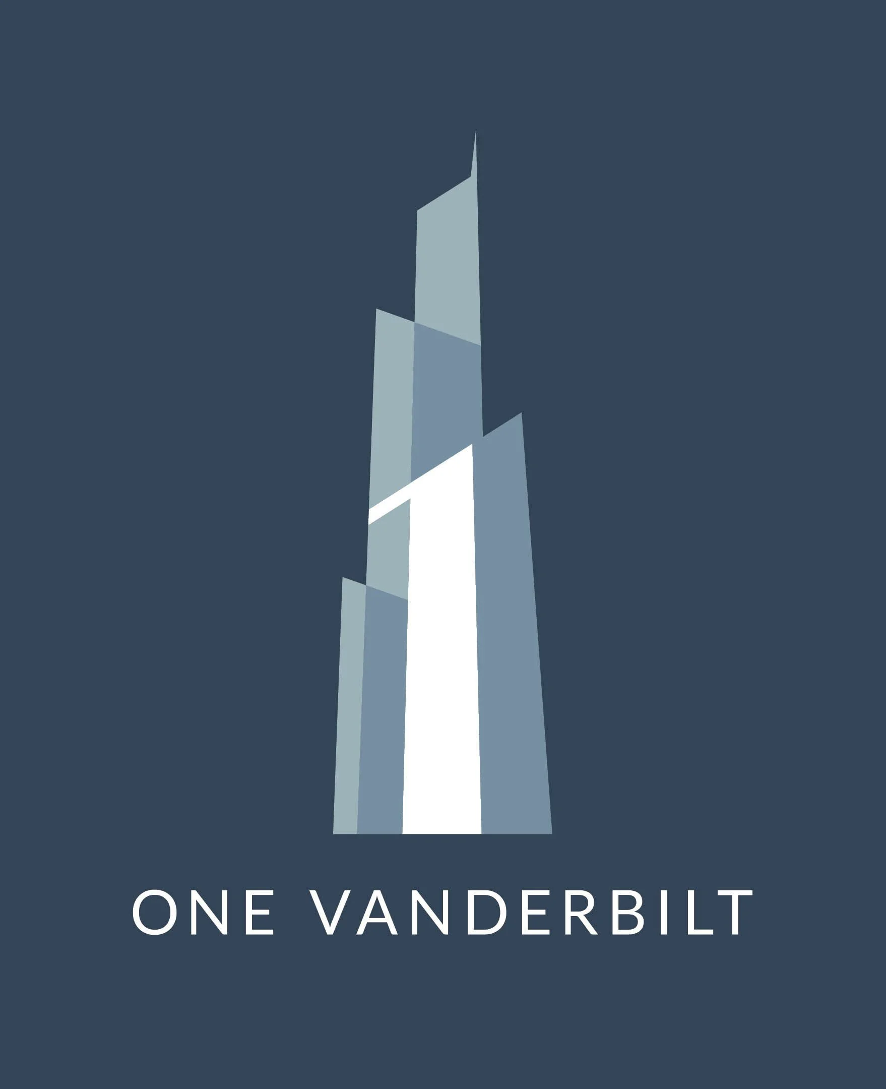 Minimalist graphic of a tall, modern glass skyscraper against a dark blue background with the text 'One Vanderbilt' below.