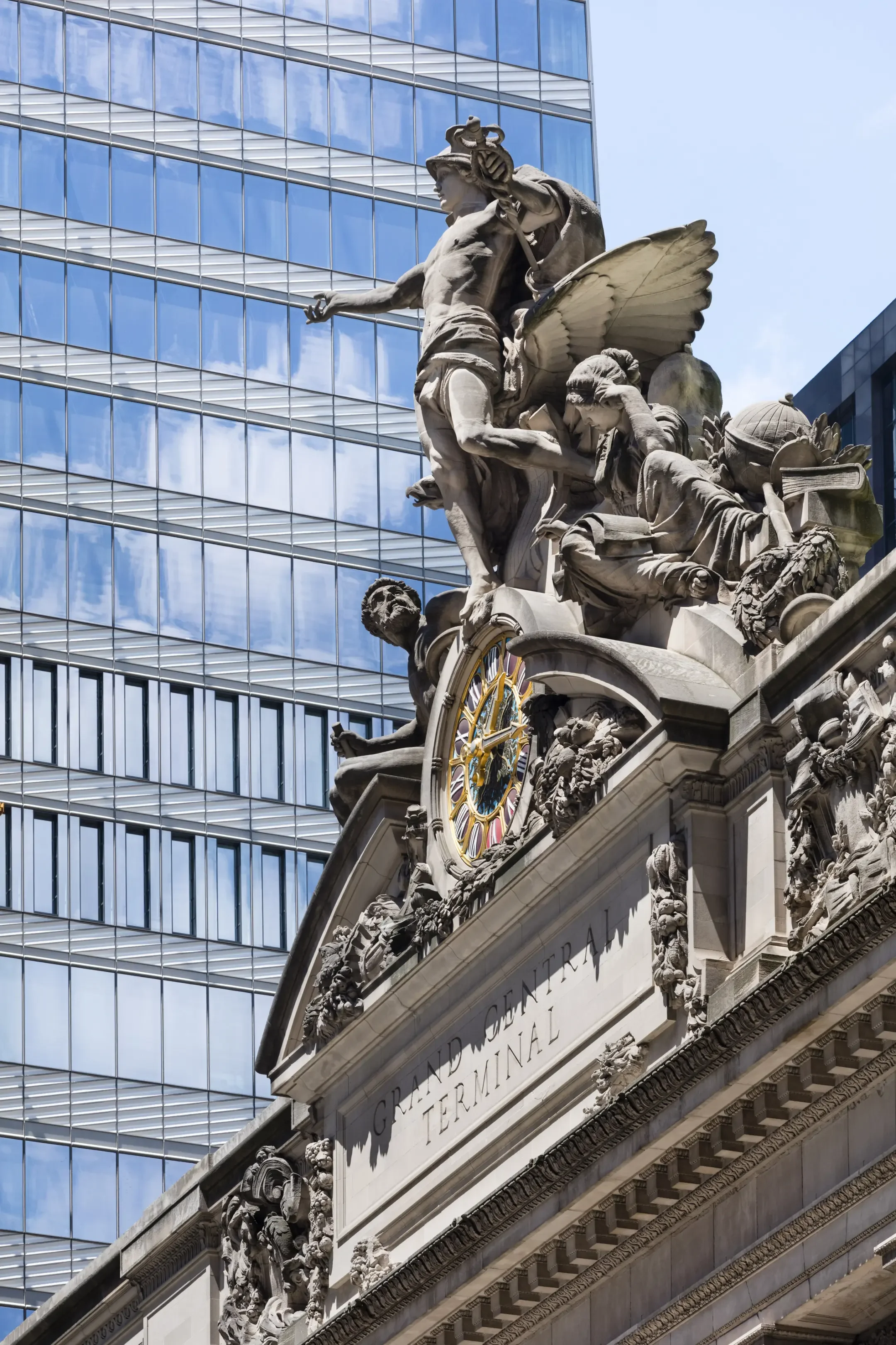 Ornate stone facade with sculptures on top, reading "Grand Central Terminal" with a colorful clock, against a modern glass building.