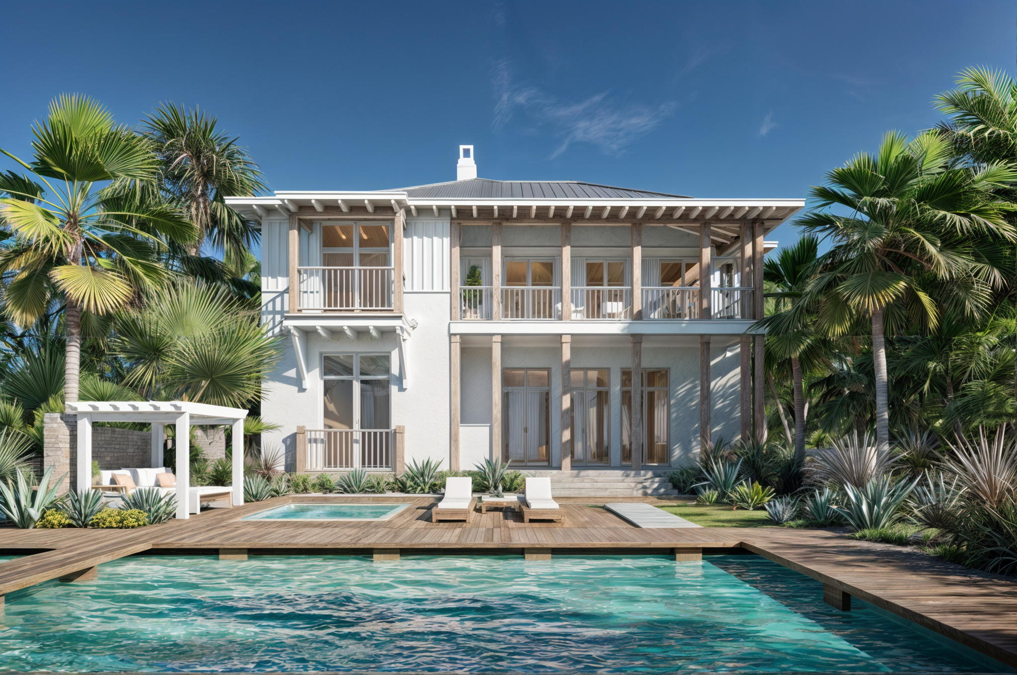 A modern two-story house with a backyard pool, surrounded by lush palm trees, featuring wooden decks and outdoor lounge chairs.