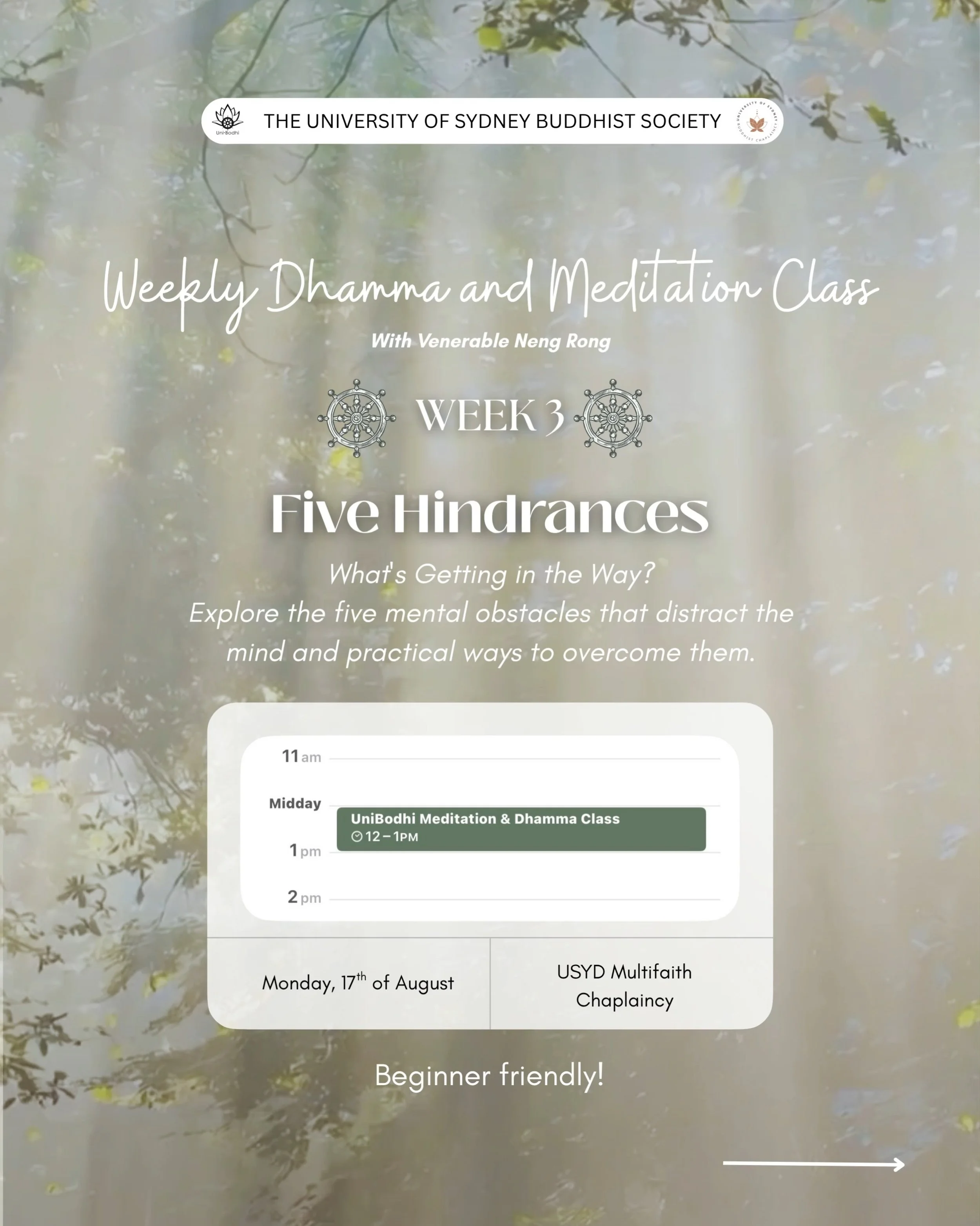 🌱 Ever notice the same mental blocks showing up again and again?
The Buddha named five common hindrances to a clear mind-and gave us practical ways to work through them.
🧘 Led by Venerable Neng Rong
📅 Monday, 17 August 2026 | ⏰ 1-2 PM
📍 Multifait