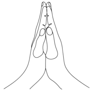 A line drawing of hands brought together in prayer