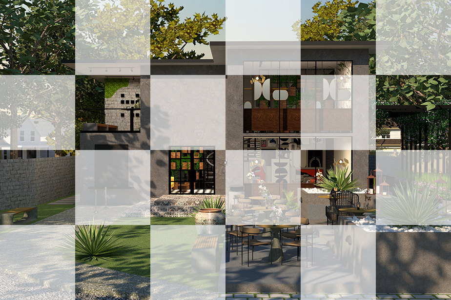 Modern two-story house with outdoor dining area and lush greenery, situated in a backyard with trees and garden decor.