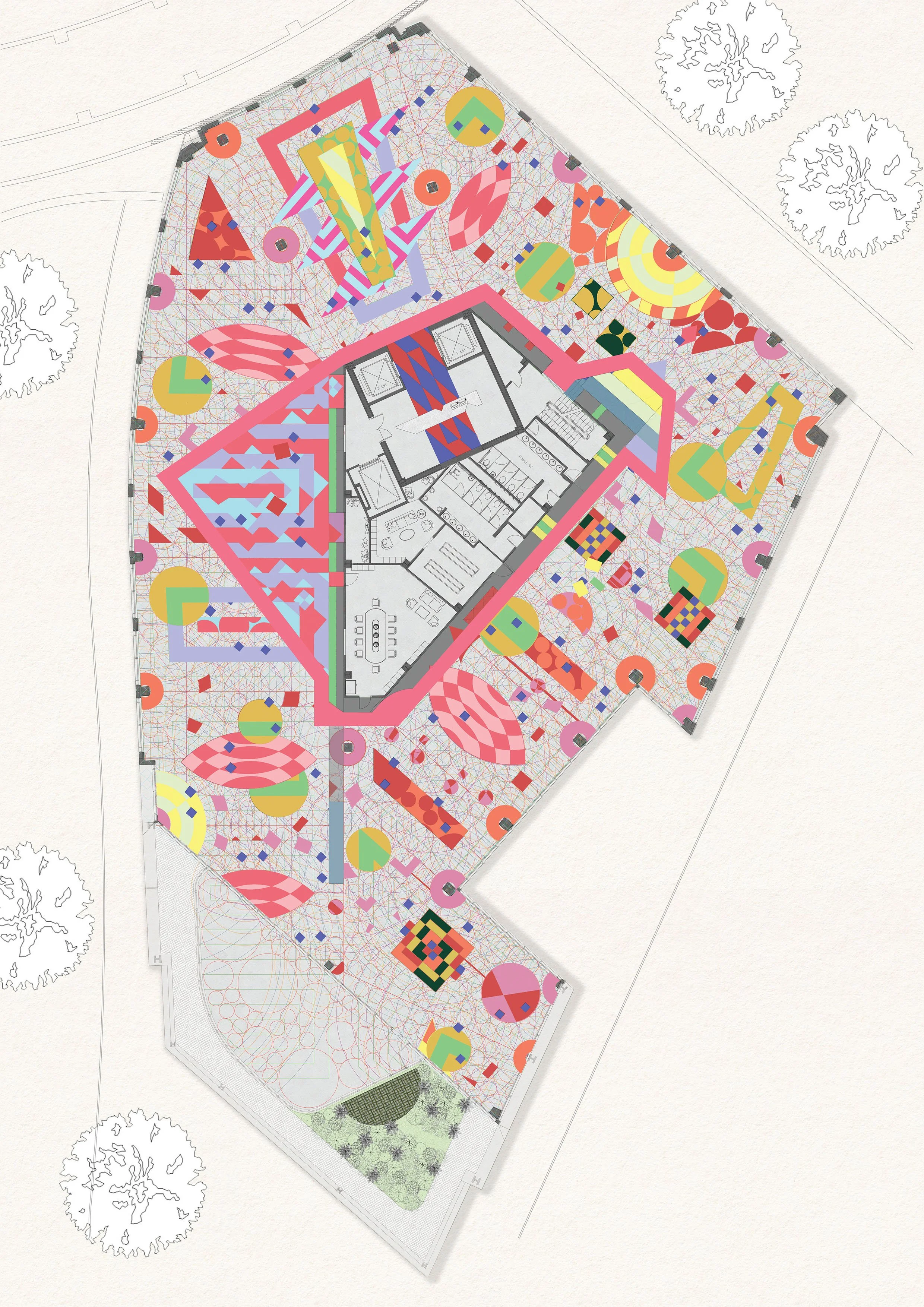 Colorful architectural design plan for a building and surrounding outdoor space, featuring geometric patterns and various landscaped areas.