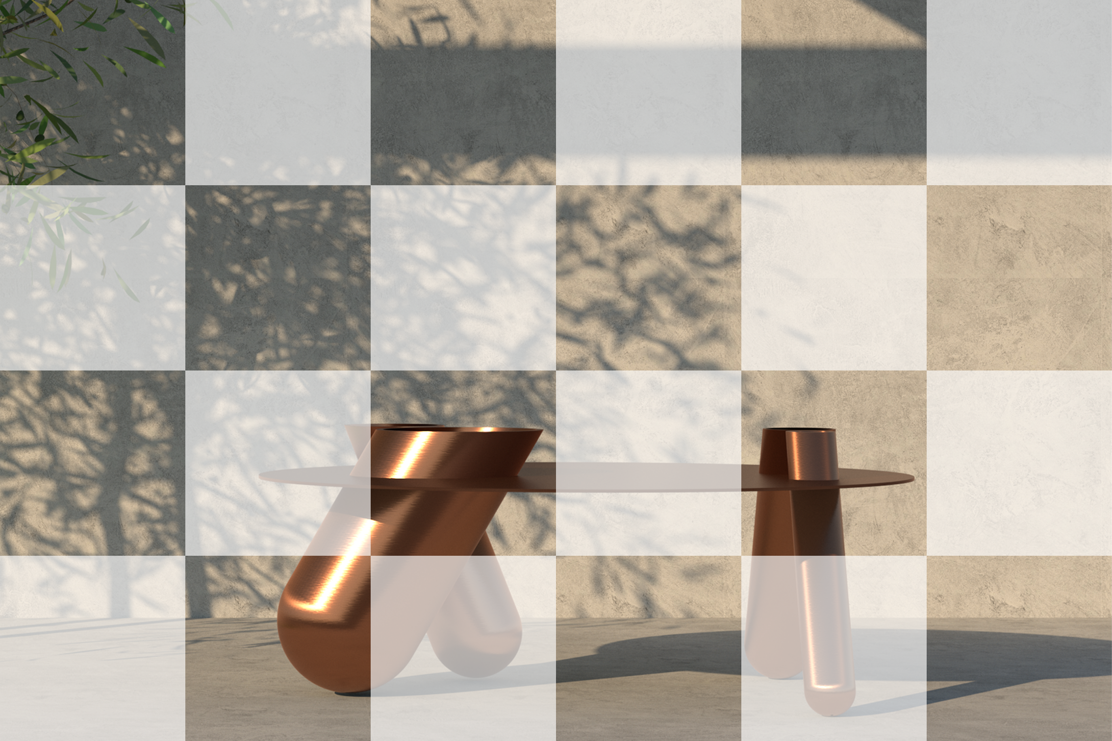 Metallic sculpture table with three legs, placed outdoors against a textured wall with shadows of tree branches, and part of a green plant visible in the top left corner.