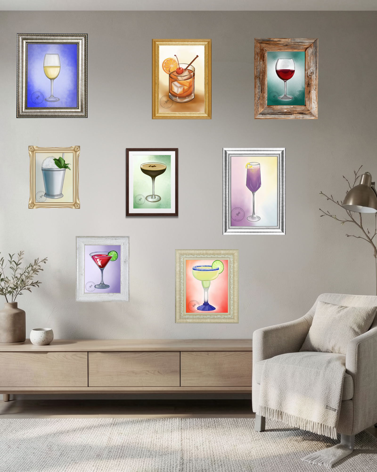 A wall decorated with nine colorful framed pictures of various cocktails, featuring different glass styles and garnishes.