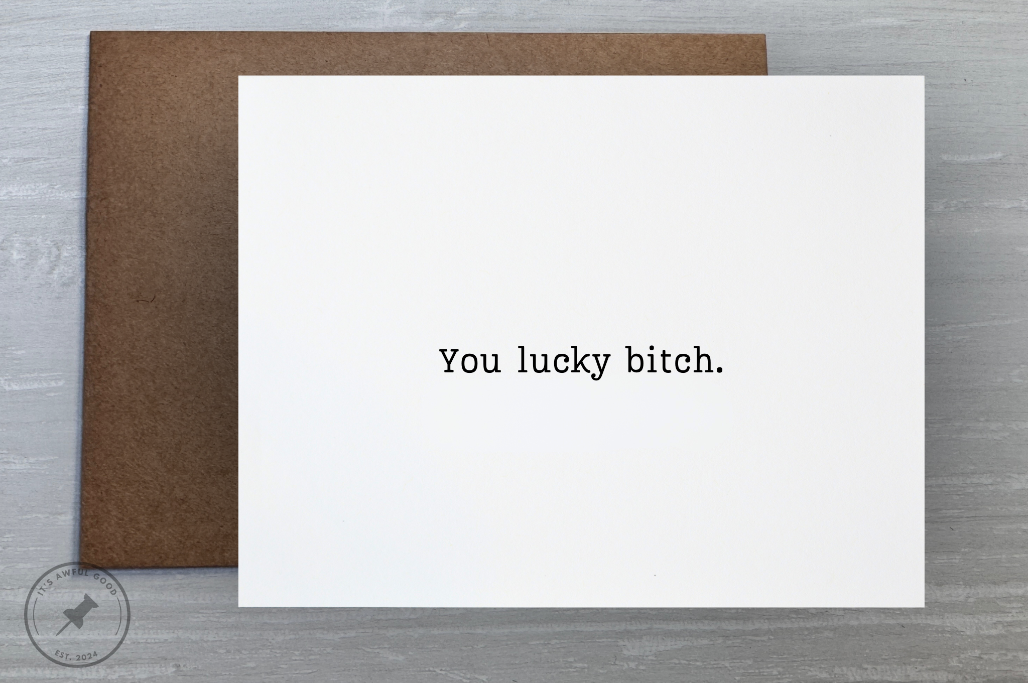 A white card with the message "You lucky bitch." written in black text, placed on top of a brown envelope on a wooden surface.