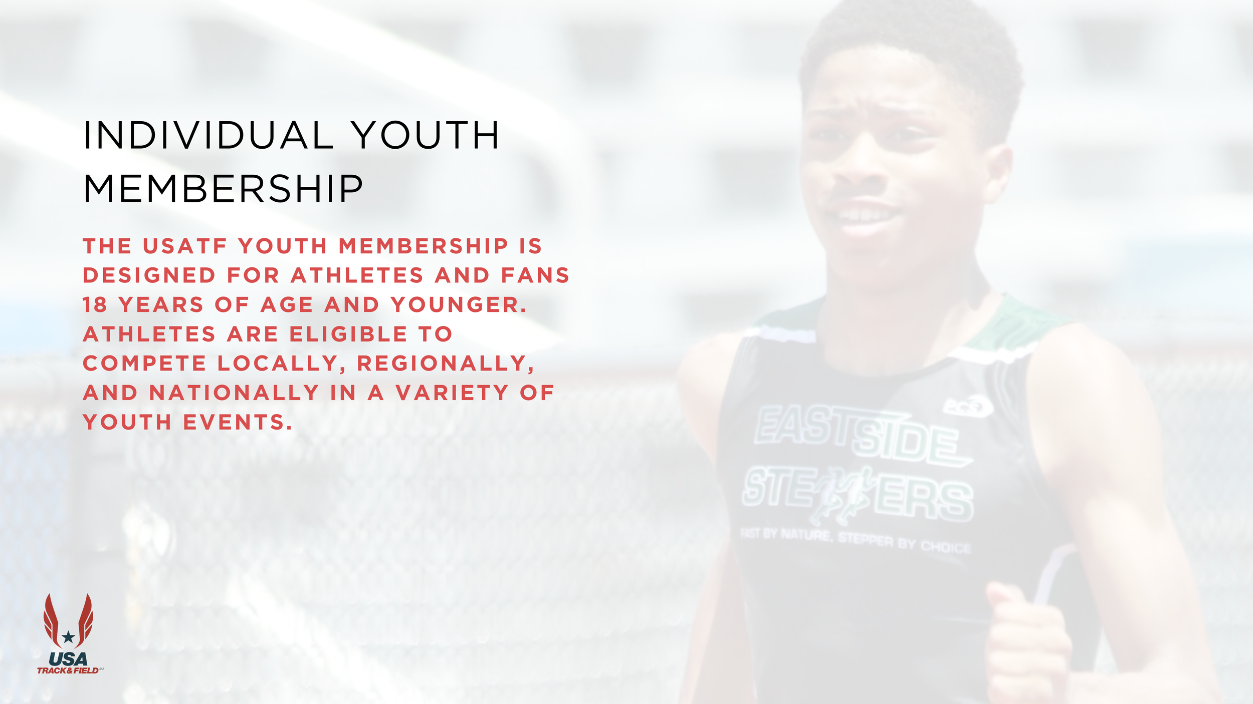 Overlay of promotional text about youth membership for USA Track & Field, with a young male athlete in a black sleeveless shirt running outdoors.
