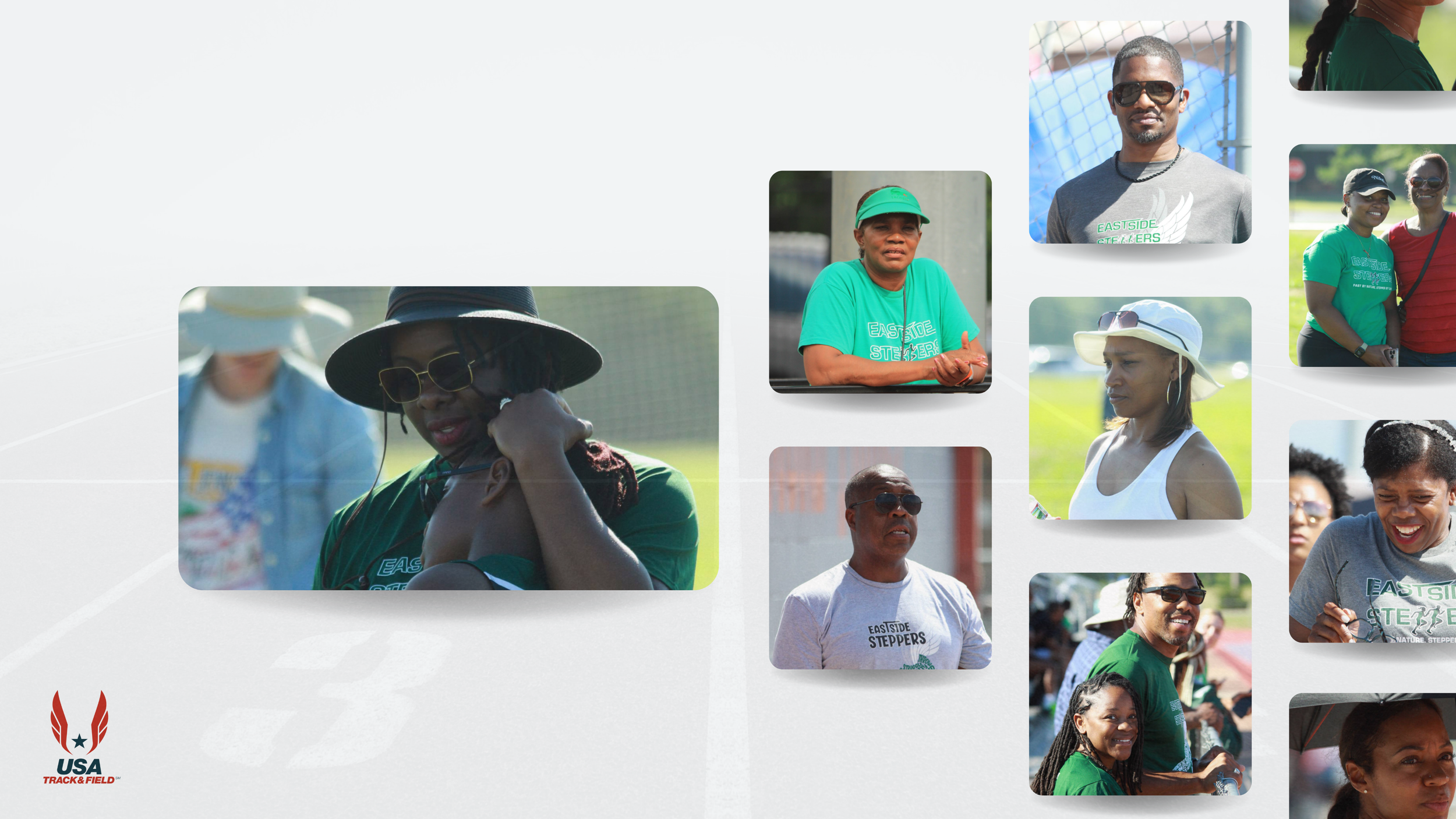 Collage of various people participating in outdoor track and field event, wearing casual and athletic clothing, some with hats and sunglasses, with a logo that reads 'USA Track & Field' in the bottom left corner.