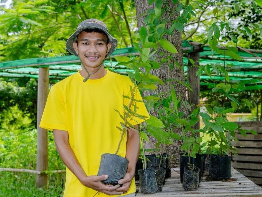 Young man in yellow shirt and camouflage hat holding a small potted tree outdoors, with more potted trees on a table and green foliage in the background.