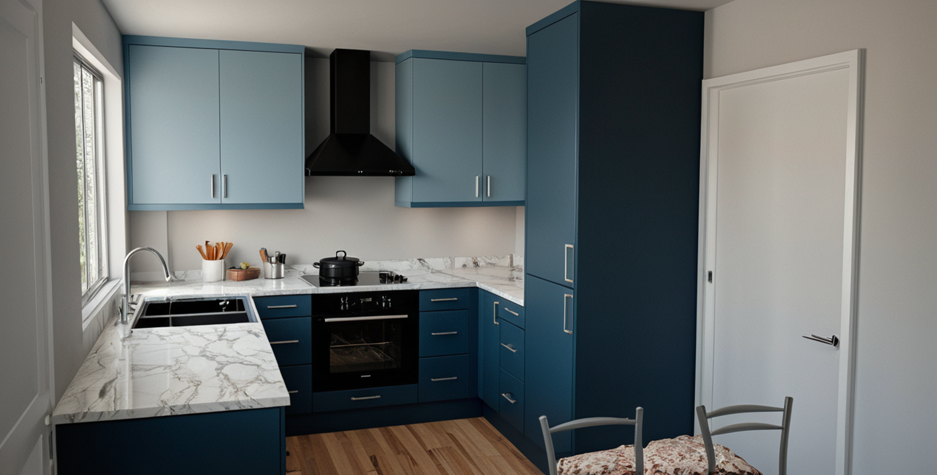 Modern kitchen with blue cabinets, marble countertops, black appliances, and a window over the sink.