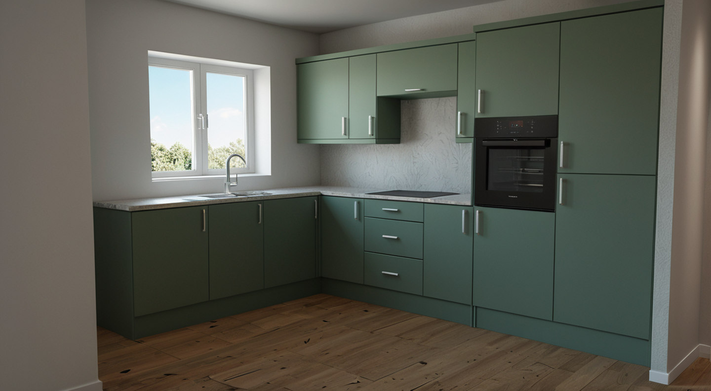 A kitchen with green cabinets, a window with a view of trees, inside a room with wooden flooring.