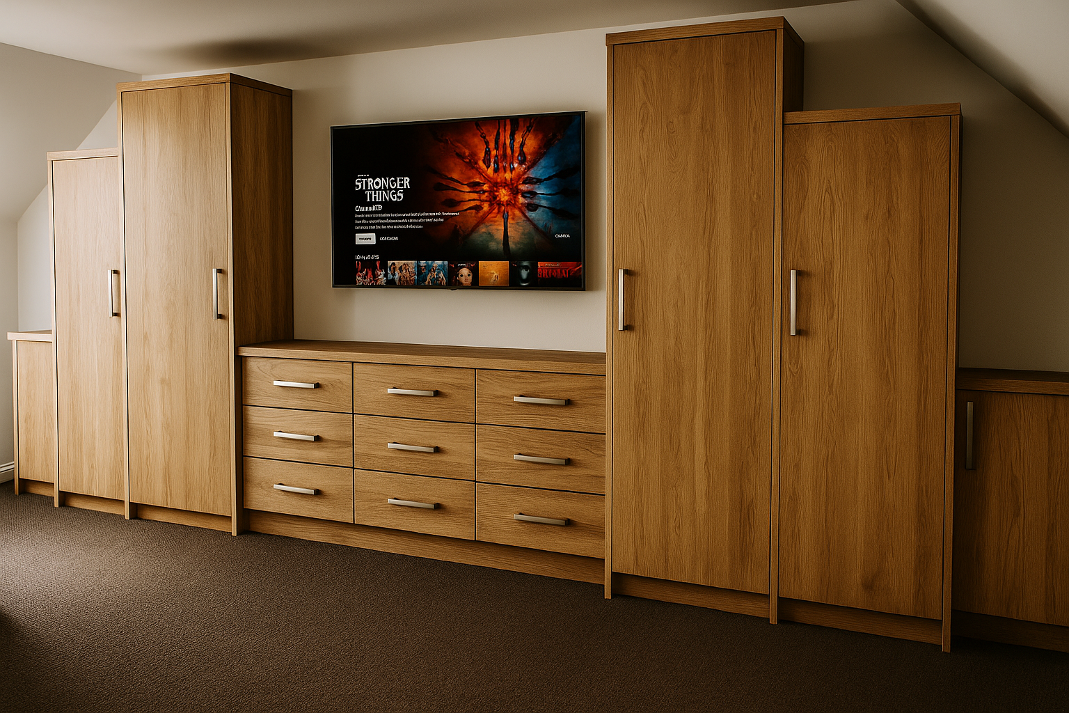 Wooden wardrobe and dressers with a mounted TV displaying a streaming menu, in a room with beige walls and a carpeted floor.
