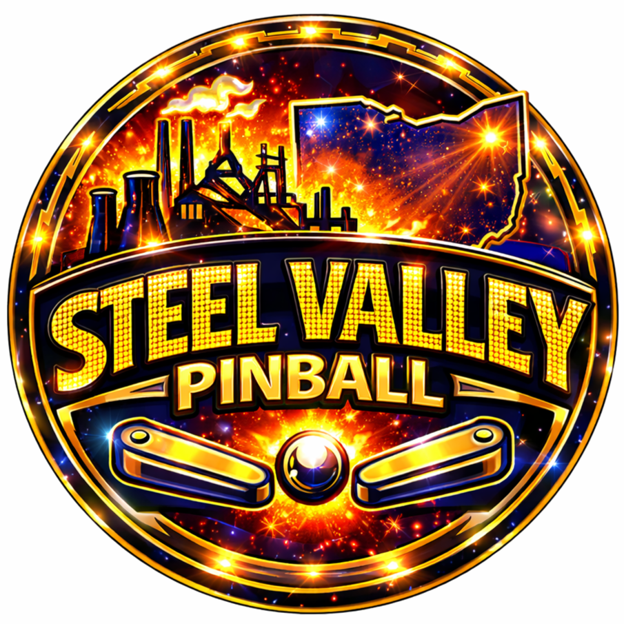 A colorful graphic logo for Steel Valley Pinball featuring a pinball, pinball machine parts, a factory silhouette, and a night sky with stars in a circular design.