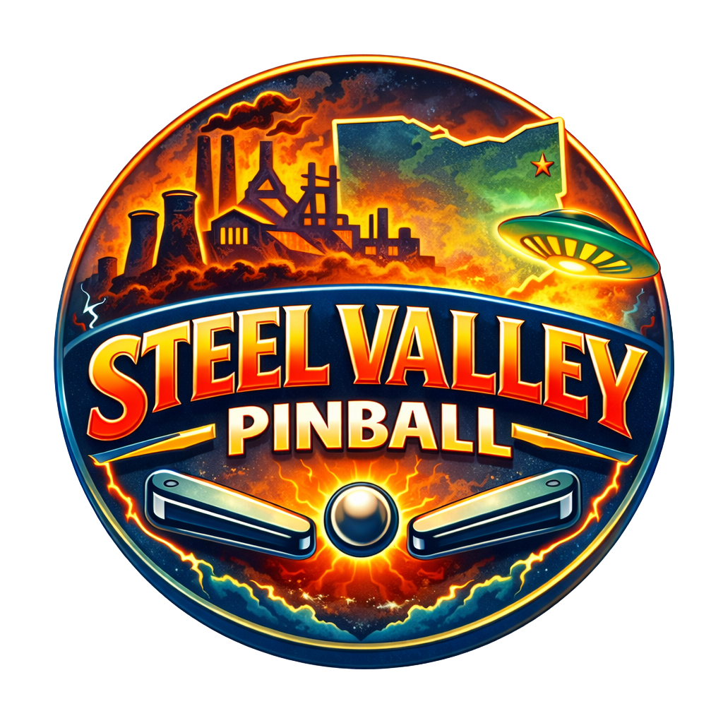 A pinball machine logo featuring Ironworks with smoke, flames, and steel factory silhouettes, a map outline of Nevada, a UFO, and the text 'Steel Valley Pinball' in bold letters.