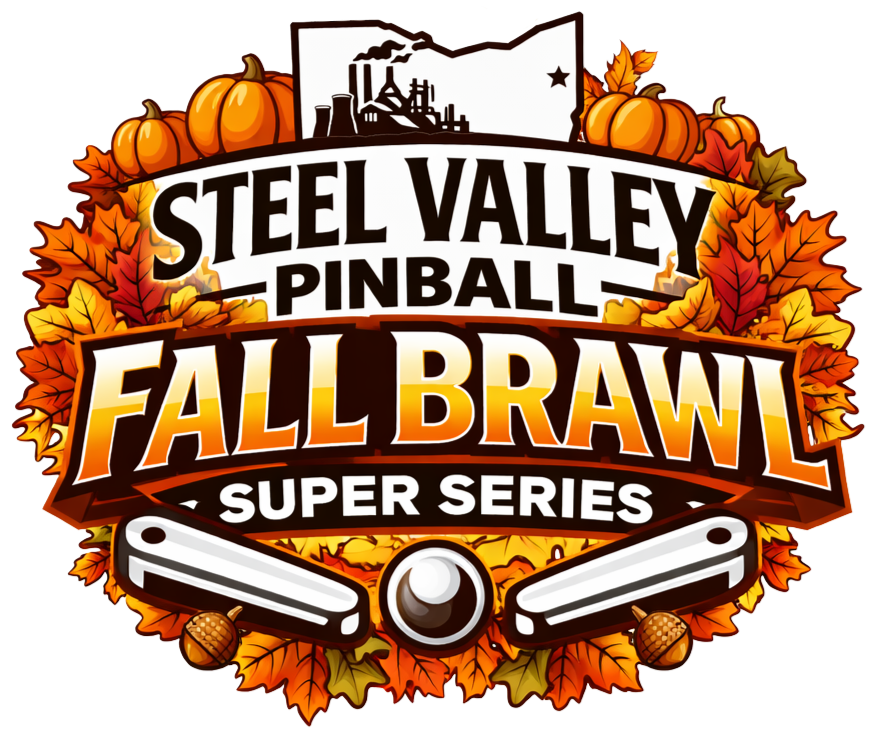 Logo for Steel Valley Pinball Fall Brawl Super Series, featuring autumn leaves, pumpkins, and a pinball, with a stylized factory and cityscape at the top.