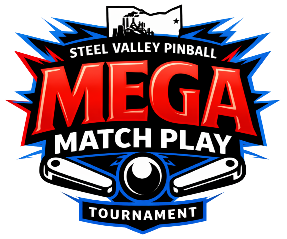 Logo for Steel Valley Pinball Mega Match Play Tournament featuring stylized graphics of pinball flippers, a tilt button, and a factory silhouette, with bold red, black, and blue colors.