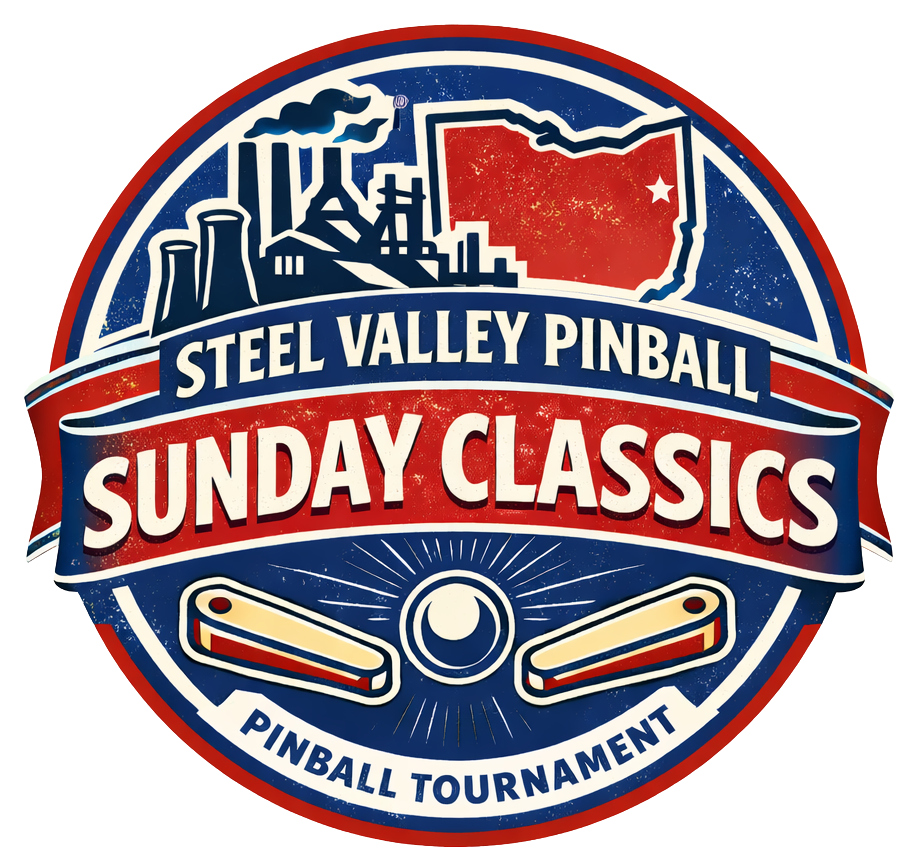Logo for Steel Valley Pinball Sunday Classics Pinball Tournament featuring a stylized pinball, factory skyline, and a map outline of Ohio.