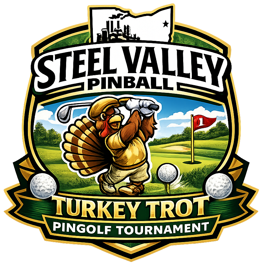 Logo for Steel Valley Pinball Turkey Trot Ping Pong Tournament featuring a cartoon turkey in golf attire with a golf club, playing on a golf course with golf balls and a flag, surrounded by green landscape and blue sky.