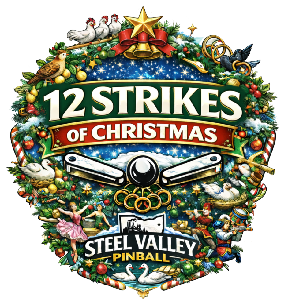 Decorative graphic with Christmas theme for '12 Strikes of Christmas Steel Valley Pinball,' featuring ornaments, birds, a bell with a red bow, people dancing and playing pinball, and swans.