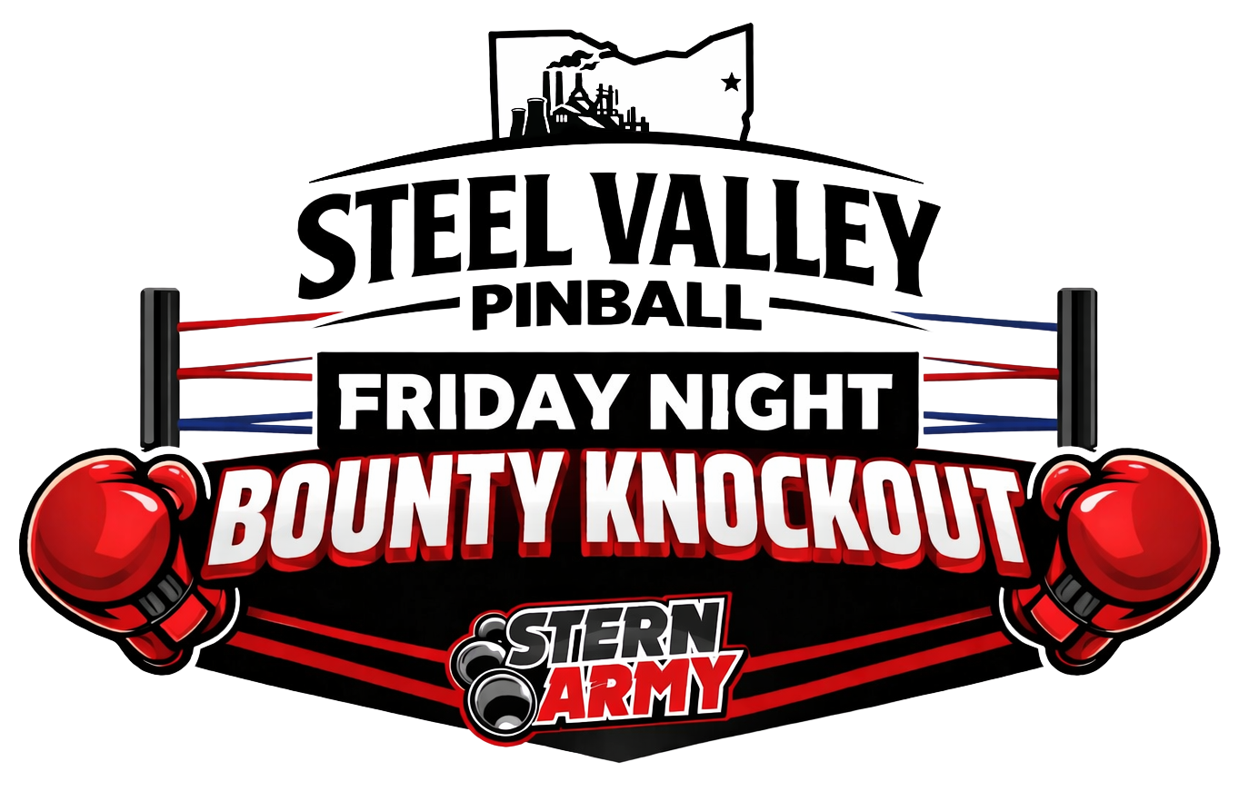 Logo for Steel Valley Pinball, promoting a Friday night bounty knockout event, featuring boxing gloves, a boxing ring, and an industrial landscape at the top.