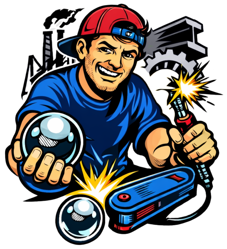 A cartoon man with a red baseball cap backwards, smiling while holding a blowtorch in one hand and two plasma balls in the other, working on a circuit board with sparks flying.