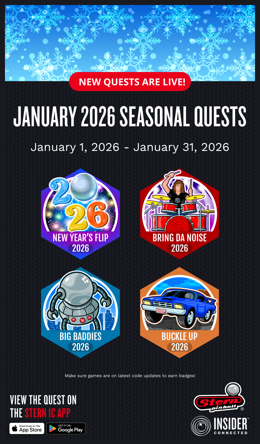 A promotional poster for January 2026 seasonal quests in Stern pinball, featuring icons for four quests: New Year's Flip, Bring Da Noise, Big Baddies, and Buckle Up with colorful illustrations and dates, set against a snowflake-themed background.