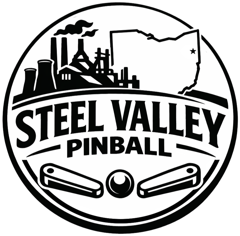 Black and white logo for Steel Valley Pinball featuring an industrial factory with smokestacks, the outline of a state with a star, a pinball, and two flipper images.
