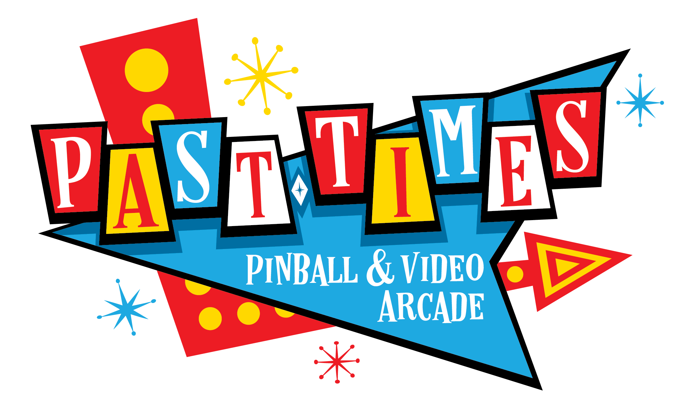 Colorful retro style sign reading 'Pastimes Pinball & Video Arcade' with geometric shapes and starburst decorations on a black background