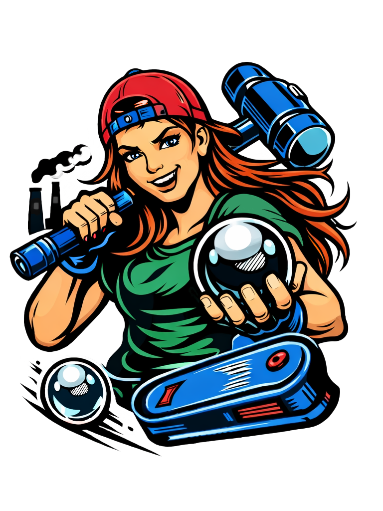 A woman with long red hair, wearing a red cap backwards and a green shirt, smiling and holding a flashlight and a shiny black ball, surrounded by tech gadgets and glowing orbs.